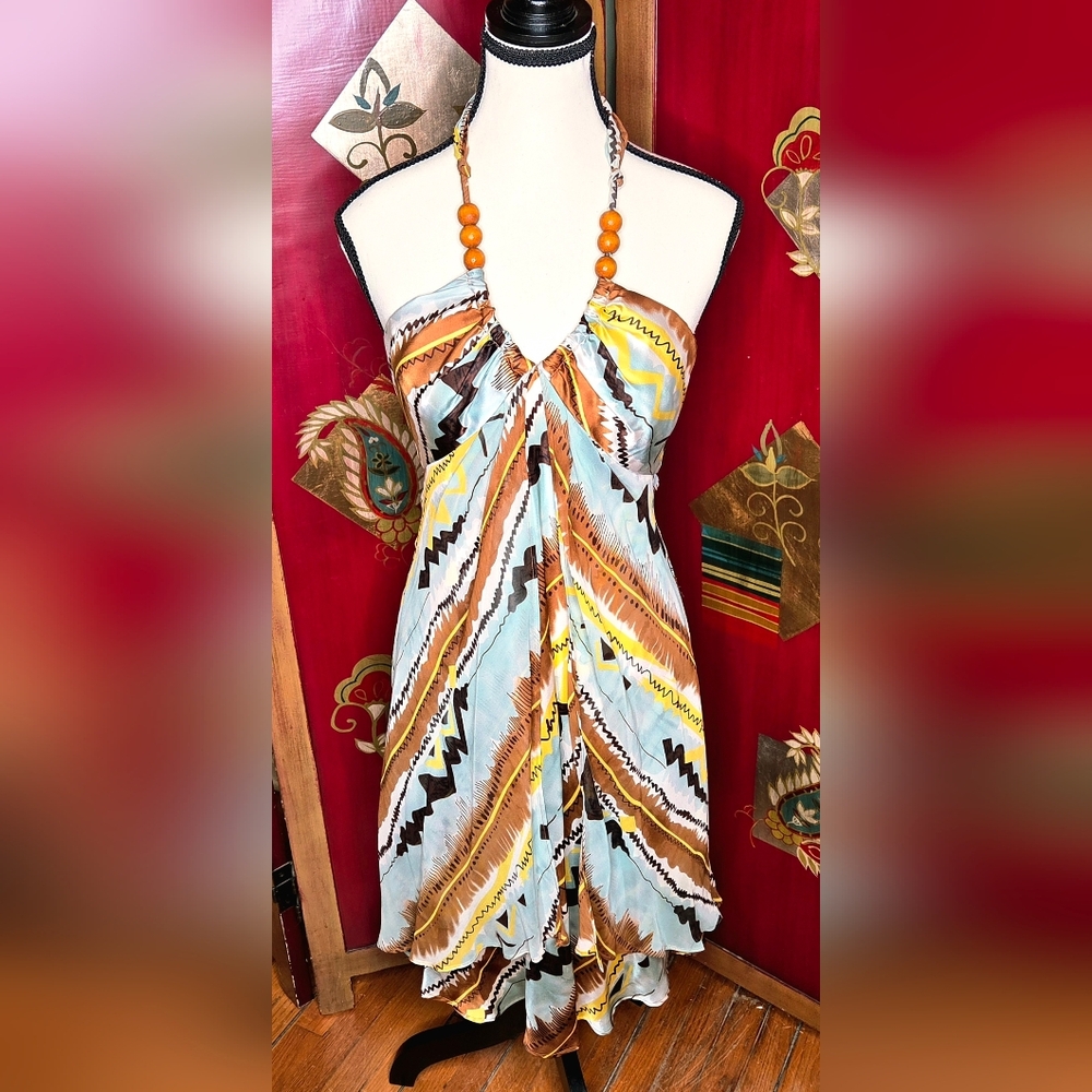 🔥Donna Ricco🔥 Brown, Yellow, & Light Blue Backless Geometric Dress| 8P (EUC)